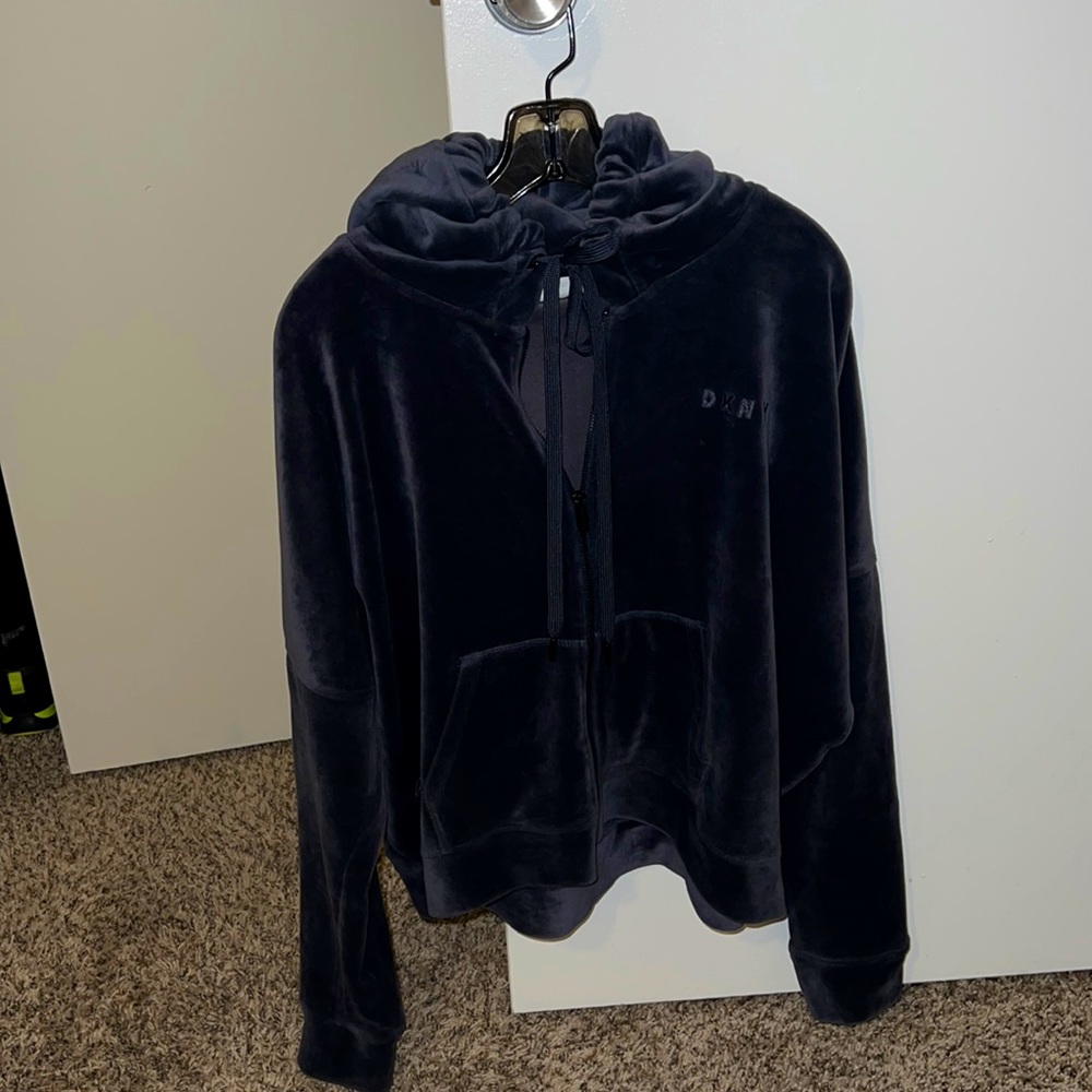 Grey velour mid waistline Hoodie with draw strings two front pockets by DKNY